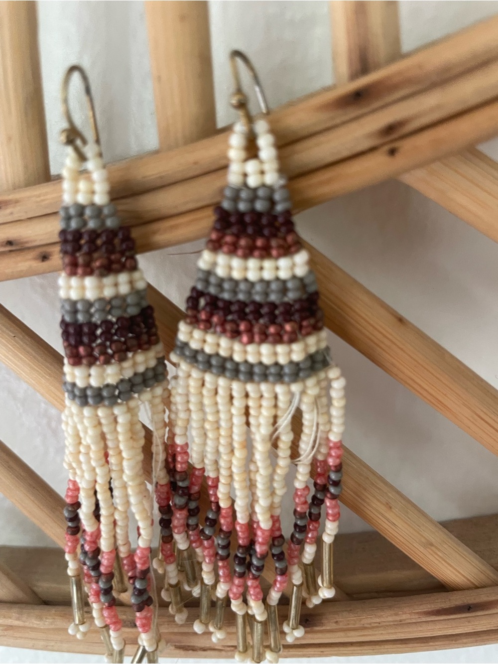 Beaded Fringe Earrings in Cream, Gray & Rose